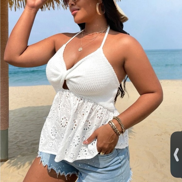Boho Plus Size Eyelet Twisted Front Cut Out Halter Top White - Picture 5 of 6